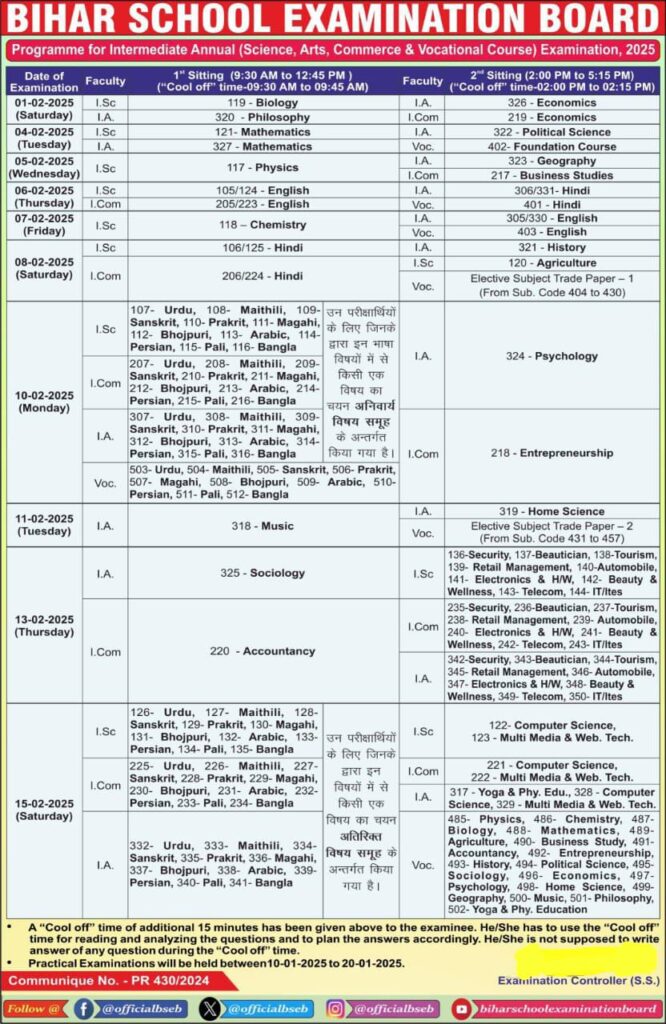 Bihar Board 12th Exam Date 2025