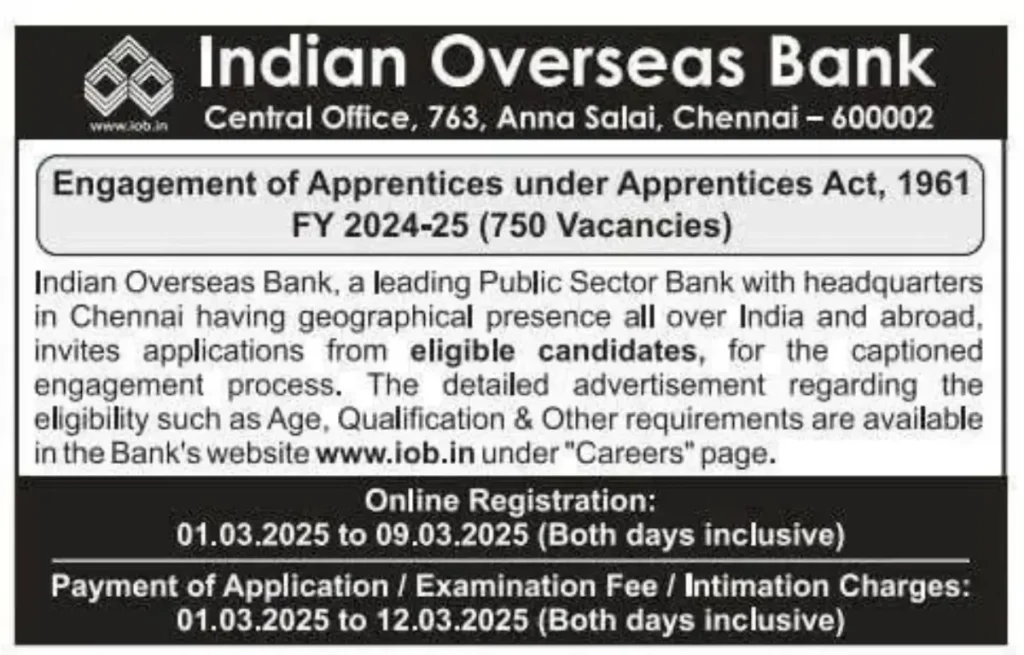 Indian Overseas Bank Apprentice Vacancy 2025