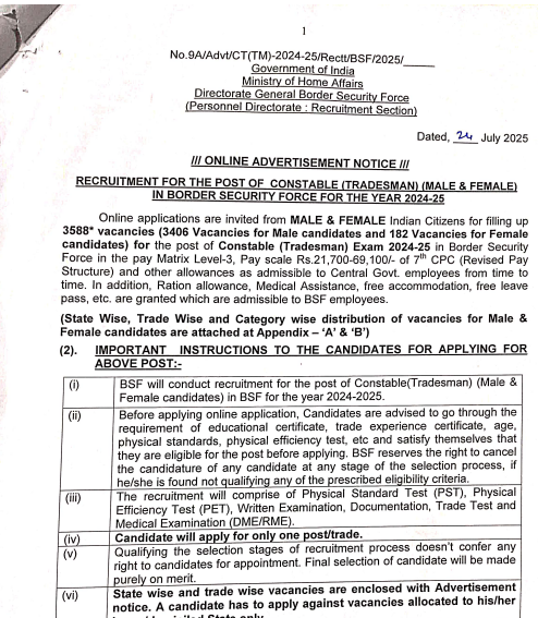 BSF Tradesaman 2025 Vacancy